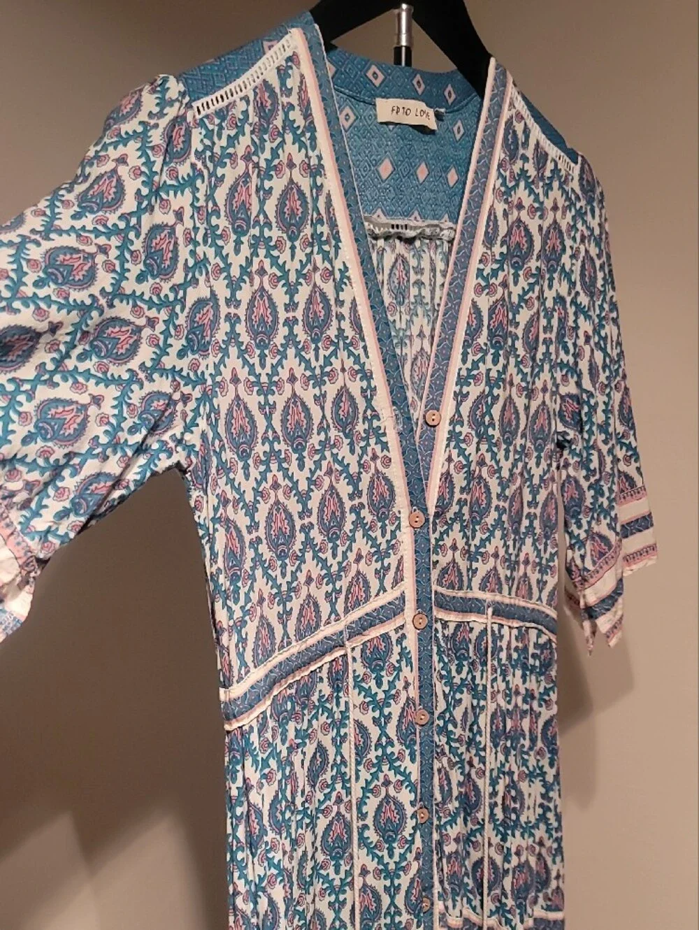 Free People Boho Chic Button-Front Midi Dress in Teal Pink and White
